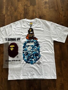 Bape White T-Shirt with Blue Camo Ape Graphic